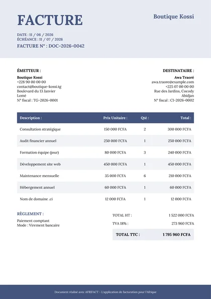 Modèle de facture Corporate : en-tête coloré et tableau d'articles à lignes alternées.