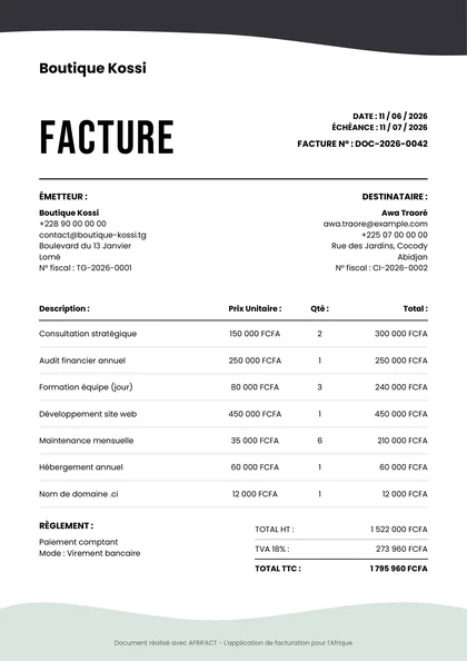 Modèle de facture Vague : vagues décoratives en haut et en bas du document.
